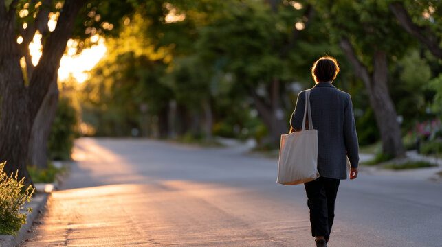 Person walking alone on a tree-lined street during golden hour with soft sunlight and shadows in a peaceful suburban neighborhood