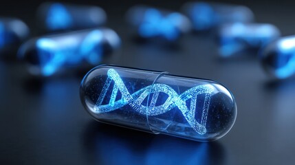 Transparent capsule containing glowing DNA strand with abstract blue background showcasing genetic research concept