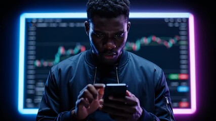 Man checks smartphone for trading. Stock chart glows on screen behind him. Investor studies market data. Focused trader reacts to price swing. Neon light creates moody tech vibe. Market vibe strong. - Powered by Adobe