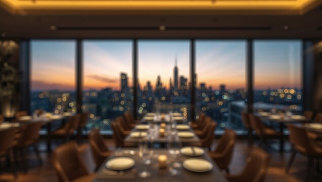 Elegant modern dining room with city skyline view at sunset, suitable for editorial header background