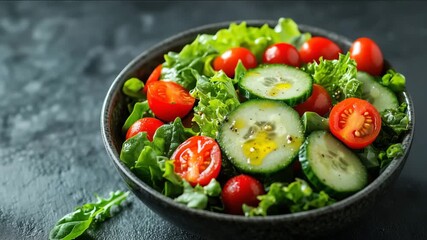 Bowl of fresh salad with sliced cucumbers, cherry tomatoes and green lettuce leaves. Topped with olive oil and black pepper. Simple and healthy meal. Natural and colorful vegetables. - Powered by Adobe