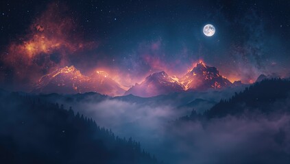 Abstract dreamy neon landscape featuring mountain ranges and fog, ideal for editorial header background