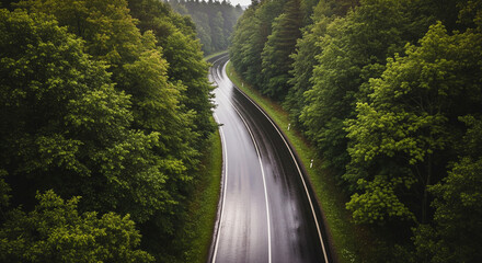 Aerial drone photo of forest highway after rainfall, wet asphalt reflecting cloudy sky, surrounded by dense green trees, cinematic natural mood, realistic travel and adventure background.
