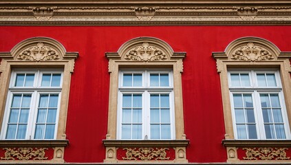 Fototapeta premium Low-angle view of a vibrant red structure featuring elaborate beige window frames and decorative accents, showcasing urban elegance