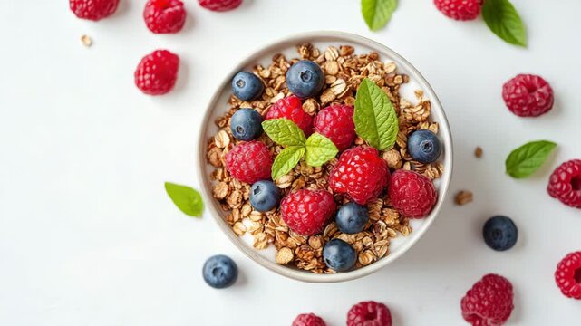 Granola with yogurt, fresh raspberries and blueberries in a bowl, garnished with mint leaves. Placed on white surface. Nutritious and colorful breakfast. Light and refreshing food.