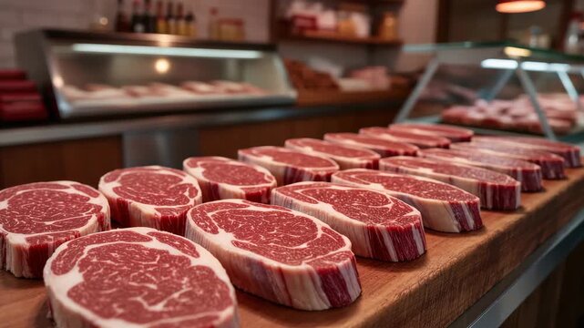 Rows of raw ribeye steaks with rich marbling displayed on wooden surface in butcher shop. Fresh and high-quality red meat cuts. Ready for cooking or purchase. Meat counter presentation.