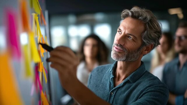 A diverse team collaborates with colorful sticky notes on a whiteboard a leader fostering openness hyper realistic notes with vivid text moody shadows in a modern office bright