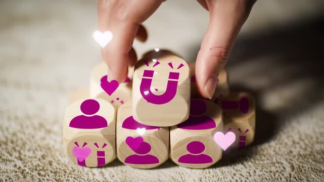A hand lifts a magnet icon block from a stack of wooden blocks with person icons surrounded by floating heart icons, symbolizing attraction and customer love.