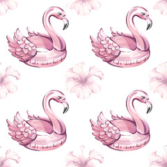 Seamless pattern background wallpaper featuring summer vibes with flamingo floaties and tropical flowers perfect for vacation themes and festive occasions