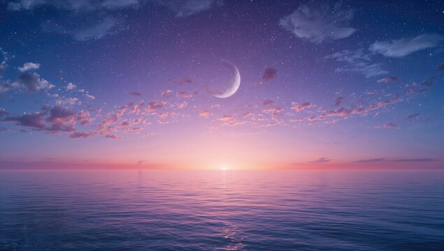 Surreal crescent moon above calm sea during sunset, enhancing nighttime beauty