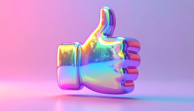 A 3D rendered chrome thumbs-up icon against a gradient background lit with pink and blue hues. The icon has a colorful metallic sheen