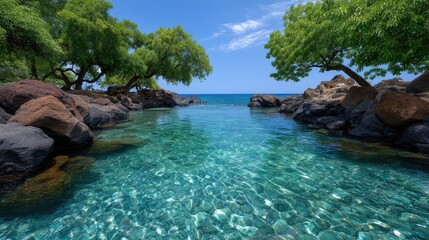 Lush Green Trees Overlooking a Crystal Clear Tropical Cove With Dark Volcanic Rocks Under a Bright Blue Sky With Wispy Clouds