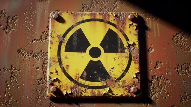 Close up shot of a radioactive hazard warning sign. The yellow and black sign is peeling off of a rusty metal surface. Weathered and aged concept.