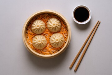 Overhead shot of steamed dumplings in bamboo steamer with chopsticks and soy sauce dip