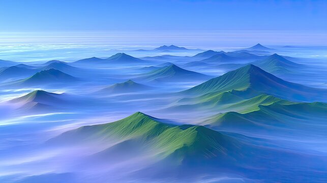 Majestic mountain range peaks emerge through soft ethereal mist and low clouds under a clear blue sky creating a serene aerial landscape view with green and blue hues