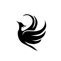 Obraz premium Dynamic, stylized black phoenix or bird soaring upward with elegant, flowing wings. A powerful symbol of rebirth, renewal, freedom, and strength for any brand or design.