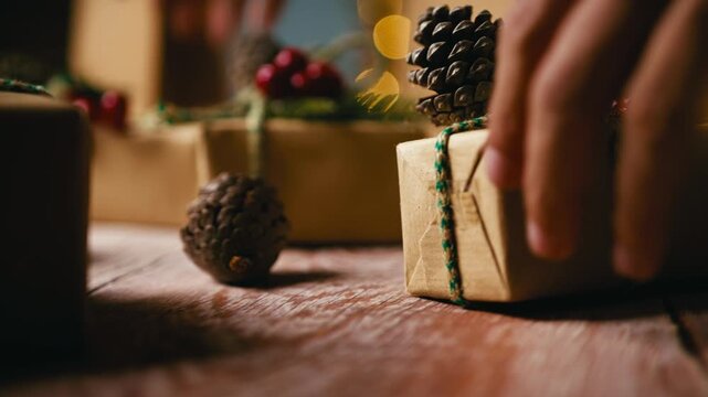 Wrapping Rustic Christmas Gifts under Tree