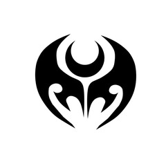 Striking black abstract emblem combining wings, horns, and a crescent moon. A bold, symmetrical design perfect for tribal logos, fantasy themes, or occult symbolism.