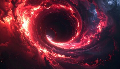 Red nebula vortex swirls around a dark center with glowing edges in a cosmic, textured, and painterly style