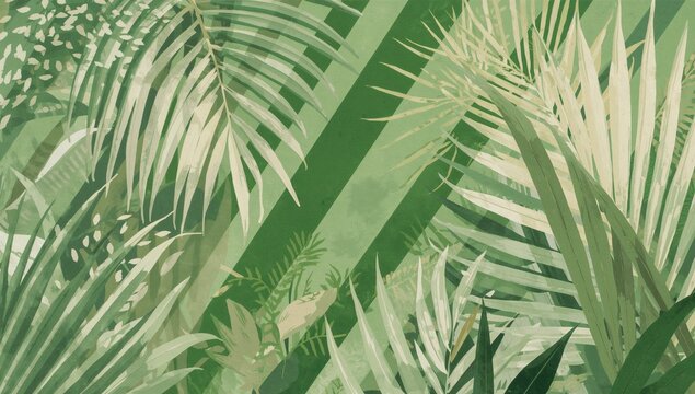 Abstract green stripes and floral patterns featuring palm leaf design, suitable for editorial header background