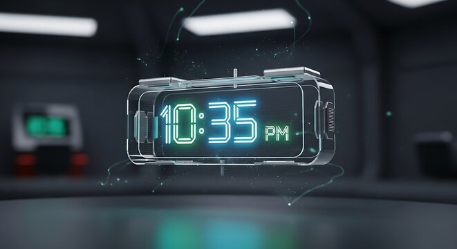 Futuristic Digital Clock Displaying Time in a Modern Setting. - Powered by Adobe