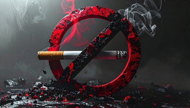 Red 'no' symbol over a cigarette, amidst smoky haze and scattered debris on a dark surface