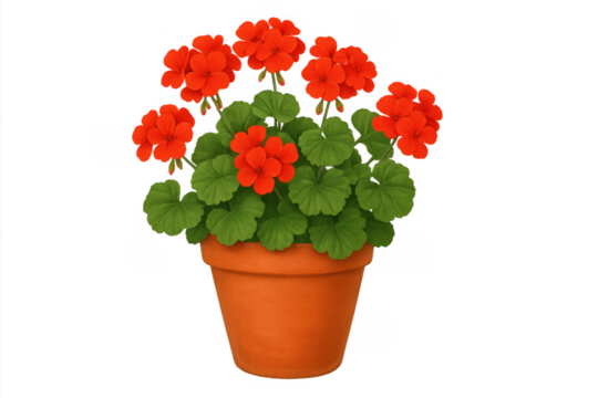 Red geranium flowering in terracotta pot illustration