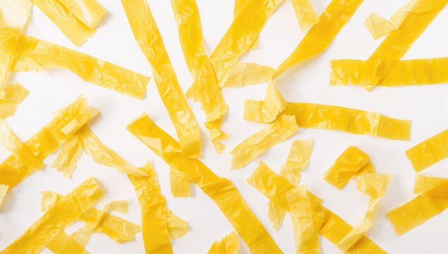 Overhead view of scattered yellow crinkled adhesive tape strips on a white backdrop with clipping path.