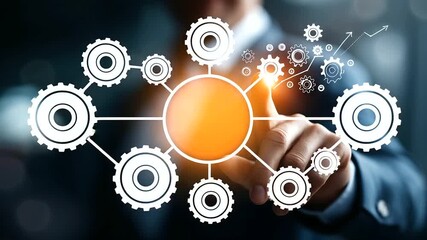 A professional touches a screen with business strategy icons like teamwork and innovation hyper realistic symbols with clear details moody shadows on a digital interface bright - Powered by Adobe