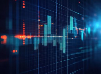 Digital financial chart visualization with dynamic blue and orange bars and grid lines representing data fluctuations on a futuristic display