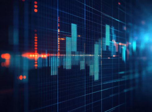 Digital financial chart visualization with dynamic blue and orange bars and grid lines representing data fluctuations on a futuristic display - Powered by Adobe