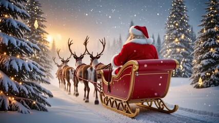 Santa Claus in red sleigh led by reindeer moves through a snowy forest decorated with glowing lights. A magical Christmas atmosphere with snowflakes and fir trees. Winter fantasy. - Powered by Adobe