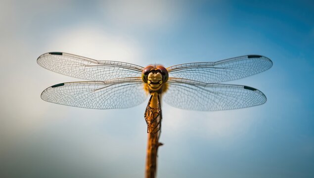 Dragonfly close-up against the sky, showcasing intricate wings and details, summer observation