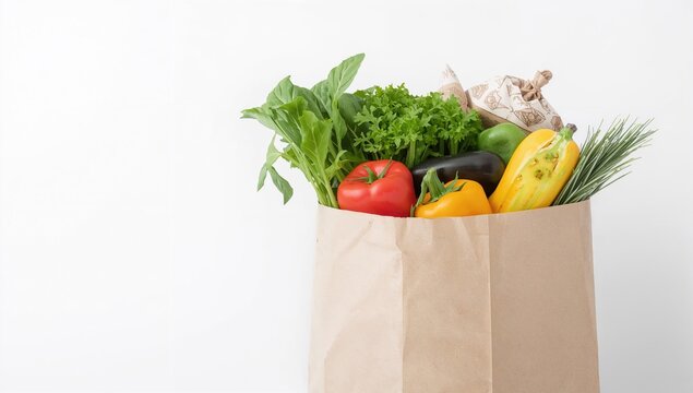 Healthy vegan and vegetarian food in a paper bag with fruits and vegetables on a white surface, promoting nutritious eating habits