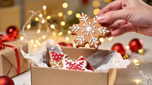 Hand holding snowflake-shaped gingerbread cookie over festive box filled with decorated Christmas cookies. Warm lights and ornaments create a holiday mood. Sweet gift.