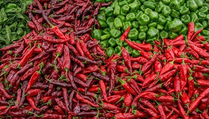 Fototapeta premium Variety of Spicy Chili and Cayenne Peppers, Ideal for Culinary Uses, Farmers Market