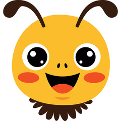 Cute cartoon bee face yellow and brown with large black eyes and happy smile with orange cheeks and black antennae on a transparent background