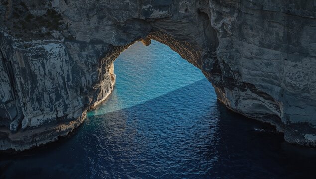 Aerial view of a volcanic cave in Sykia, showcasing geological formations, erosion risk