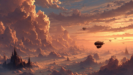 aerial view of a cyberpunk city floating among dense clouds