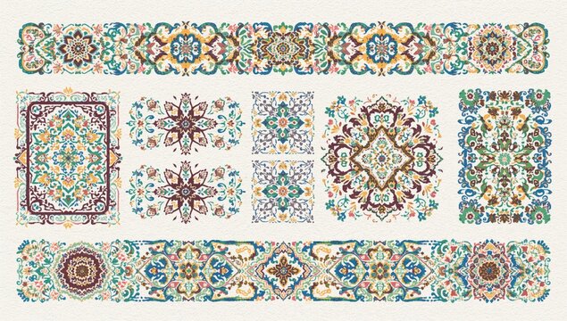 2D illustrated collection of Kazakh national patterns, design elements for sandblasting and postcards, decorative application