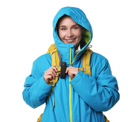 Tourist with hidden spy camera and backpack on white background