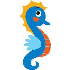 Cute Cartoon Blue Seahorse with Orange and Yellow Accents and Light Blue Wing Floating in Water Ocean Creature Illustration