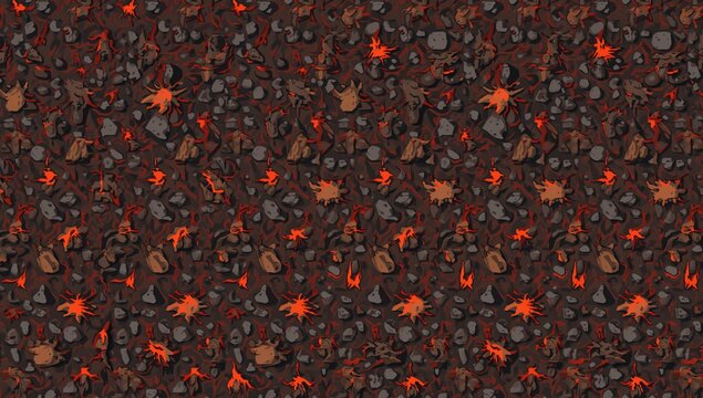 Seamless 2D cartoon pattern featuring fiery molten rock and scaly reptilian skin textures for game scenery from a bird's-eye perspective