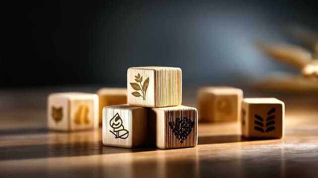 A scene with wooden blocks displaying health and longevity icons hyper realistic symbols with clear textures moody shadows on a table bright saturation in wellness visuals heal