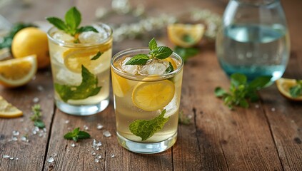 Fototapeta premium Chilled lemon iced tea garnished with fresh mint on a rustic wooden surface