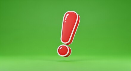 Red exclamation mark symbol on a green background. 3d warning sign for attention and error notification.