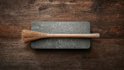 Broomstick and mortar stone arranged on a wooden surface, practical tools for herbal preparation
