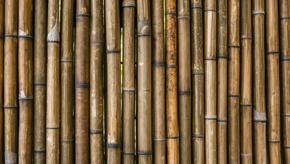 Fototapeta premium Close-up of bamboo sticks aligned uniformly, emphasizing texture and patterns, suitable for sustainable design themes