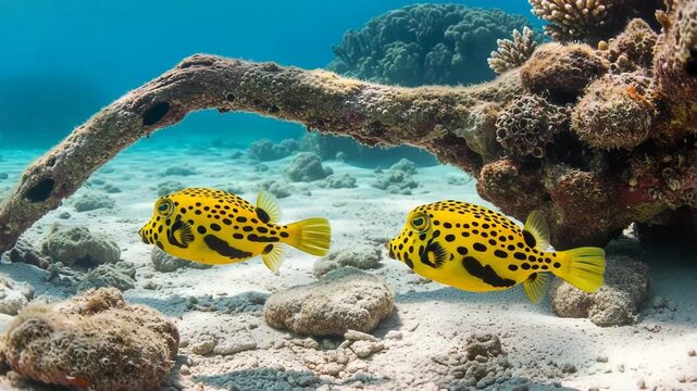 Two yellow spotted pufferfish swim near a coral reef underwater