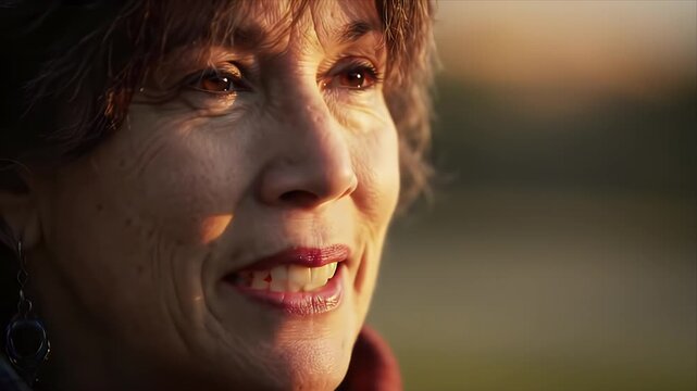 Close-up portrait of a thoughtful senior woman basking in warm, natural sunlight outdoors. Her authentic expression conveys wisdom and contemplation